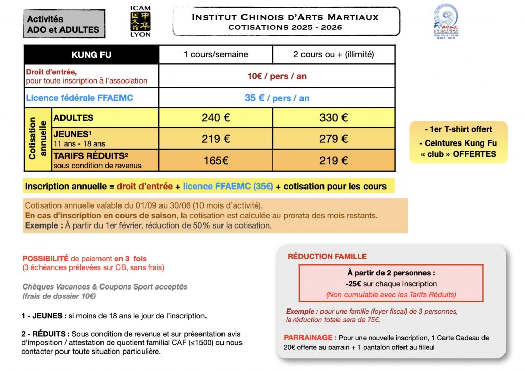 tarifs Kung Fu adulte lyon